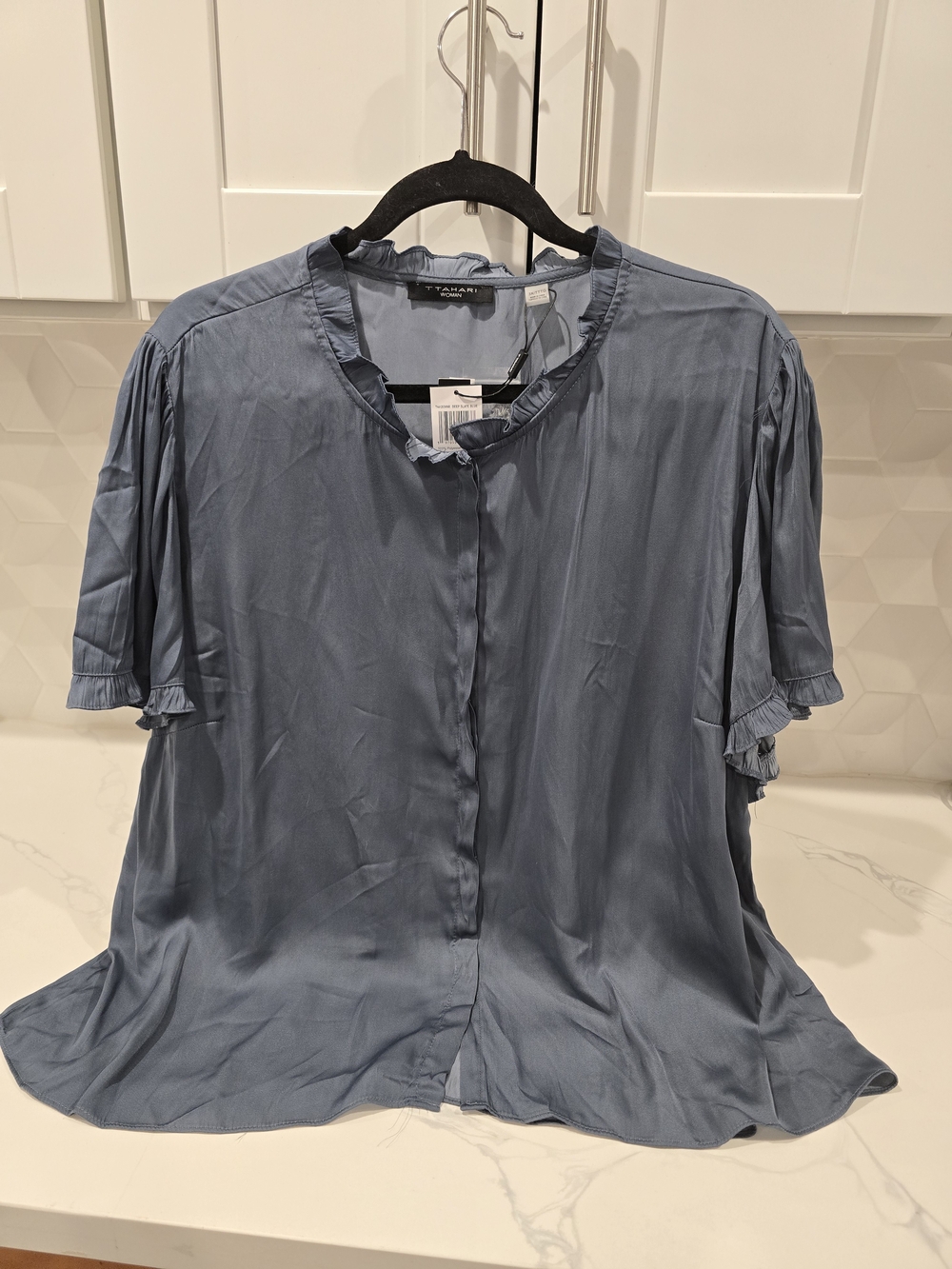 T Tahari Woman Ruffle-Trim Silk Blend Short Sleeve Blouse - Dusty Blue